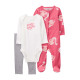 Комплект из трех предметов для девочки (белый полукомбинезон с надписью, серые брюки, розовый комбин 9M