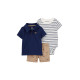 Комплект из трех предметов для мальчика (белое боди в полоску, синий джемпер-поло, песочные шорты с  9M