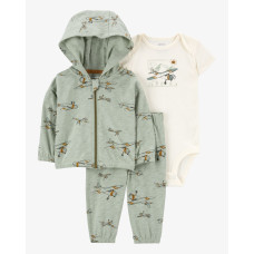 Комплект из трех предметов для мальчика (боди с самолетом, зеленые с самолетами кардиган и брюки) Ca 12M