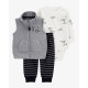 Комплект из трех предметов для мальчика (белый полукомбинезон с рисунком, черные брюки в полоску, се 18М