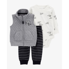 Комплект из трех предметов для мальчика (белый полукомбинезон с рисунком, черные брюки в полоску, се 24М