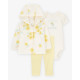 Комплект из трех предметов для девочки (боди с надписью, желтые брюки, кардиган с капюшоном с цветам 3M