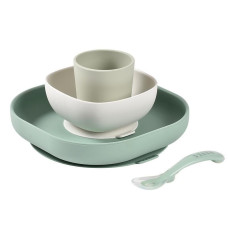 Набор посуды: 2 тарелки, стакан, ложка, силикон.  VERT SAUGE COFFRET REPAS SILIC VERT SAUGE